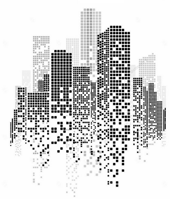 Ilustração de construção digital com elementos de código e arquitetura